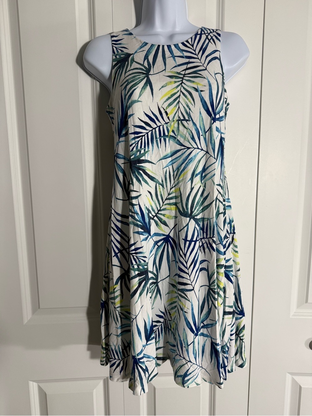 Sigrid Olsen White Tropical Leaf Mini Dress with Blue & Green Print